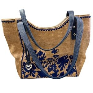 Brighton Blossom Hill Garden Pepper Straw Tote Handbag Blue Floral With Heart